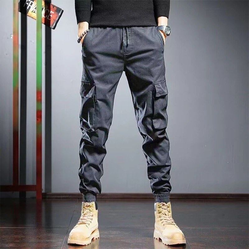 

Autumn Winter New Oversized Elastic Waist Pockets Vintage Cargo Pants Male Loose Casual Fashion All-match Lace Up Harem Trousers