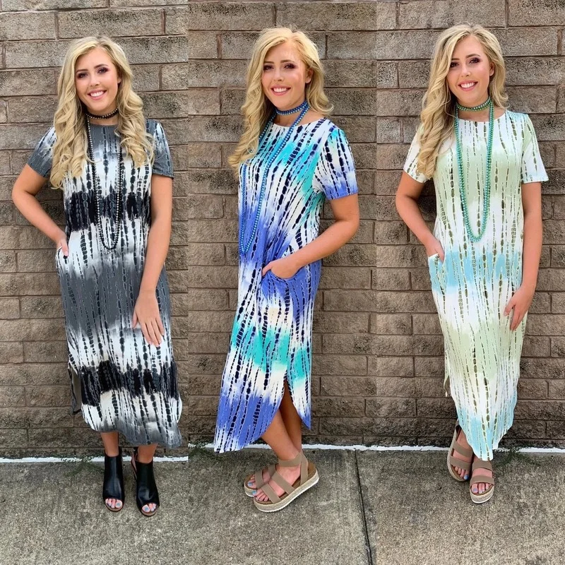 

Women Tie-dye Printed Dresses 2021 Spring Summer O Neck Short-sleeved Loose Irregular Gradient Color Pocket Dress Female Indie