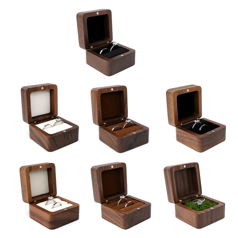 Multifunctional Small Jewelry Box Square Mini Wooden Ring Box Soft Interior Holder for Proposal Wedding