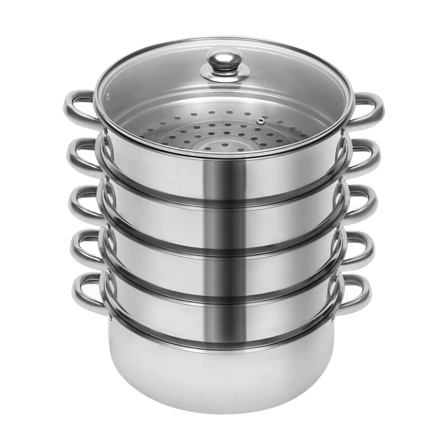 Cuit-Vapeur 2 Étages En Acier Inoxydable 27 Cm - Pour Cuisine Saine, Chauffe Uniforme, Poignée Renforcée