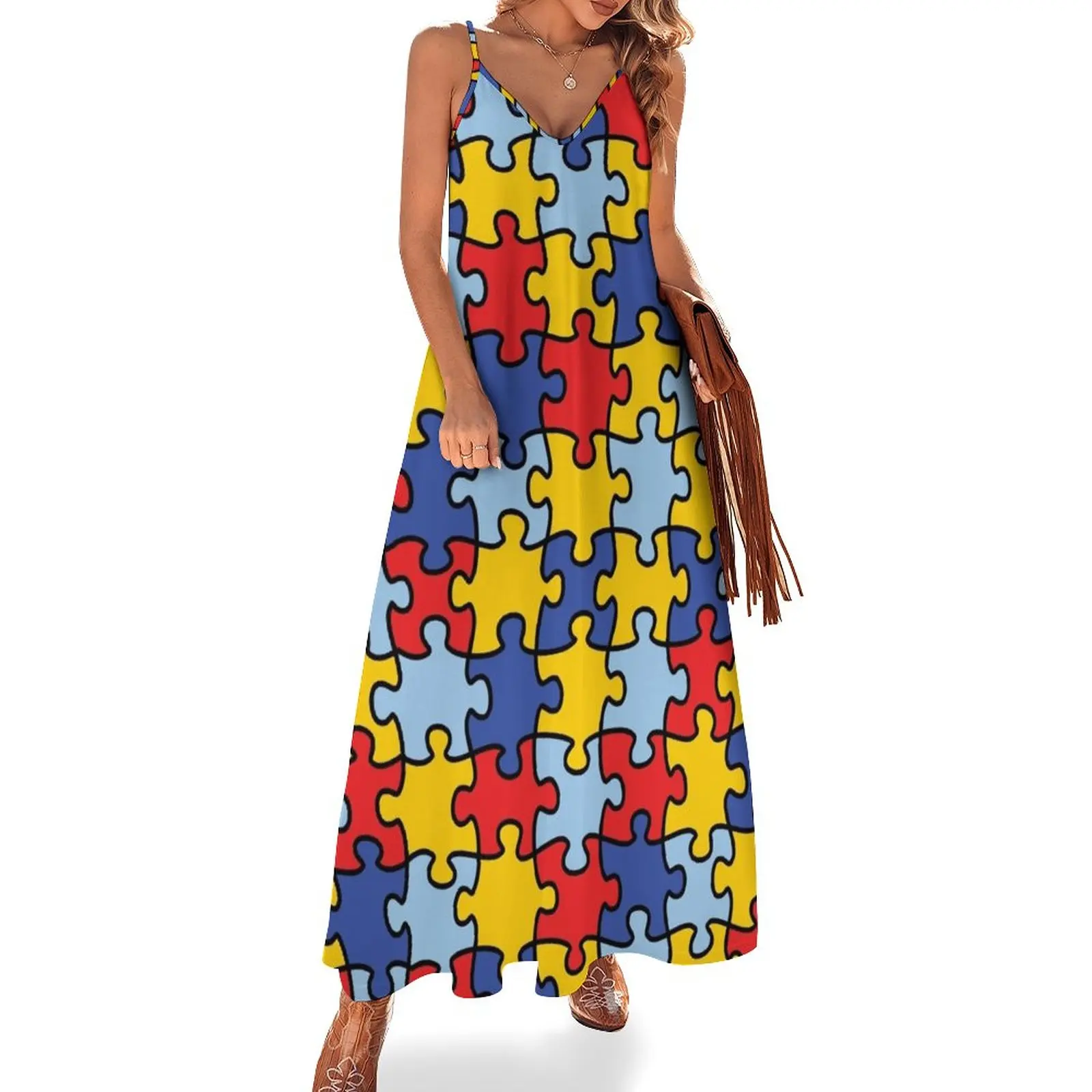 

Autism Awareness Puzzle Pattern Sleeveless Dress Long veiled dresses Dress women Women's summer dresses summer dress daily