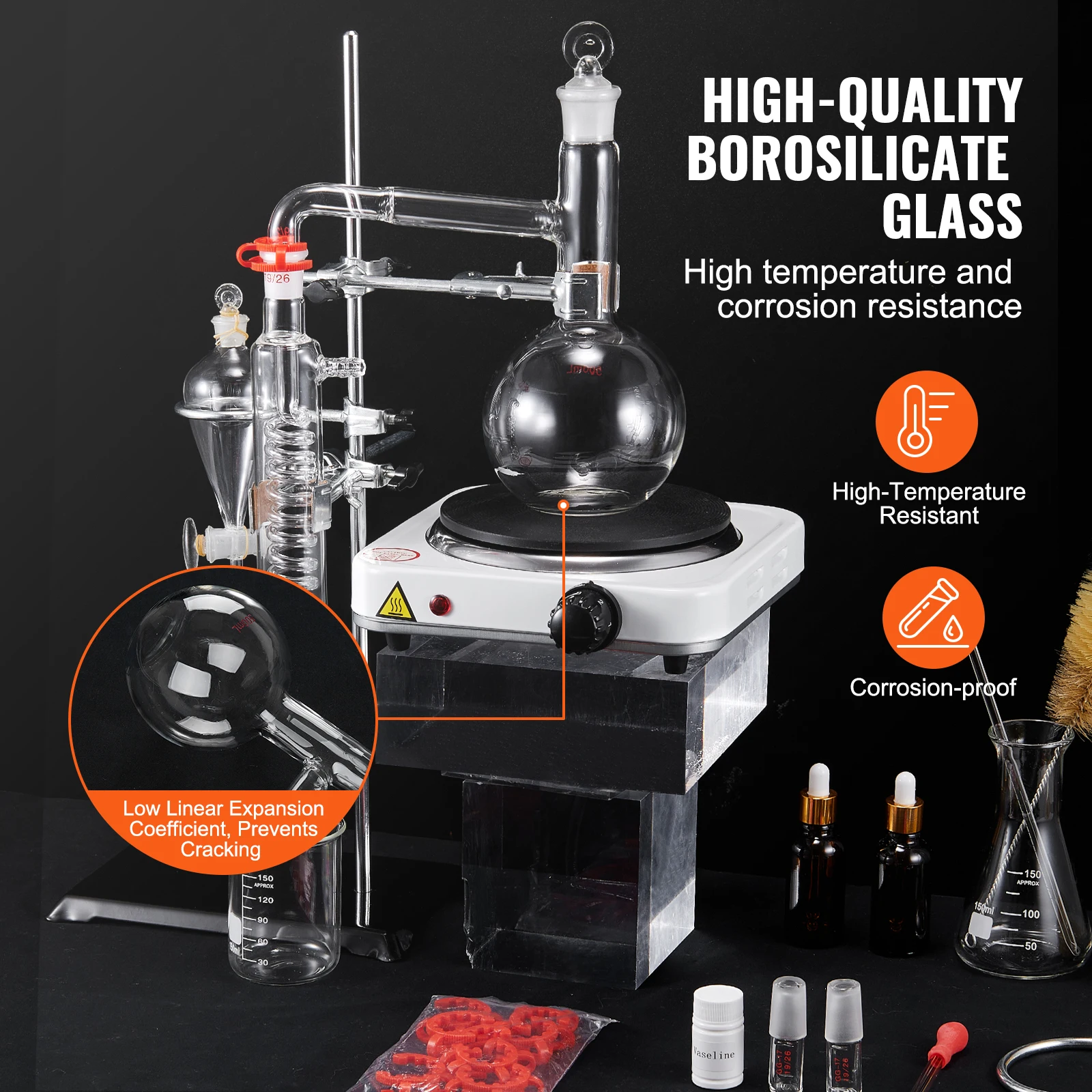 SucceBuy Essential Oil Distillation Kit 500ml/2L Distillation Apparatus 3.3 Boro Lab Glassware with 1KW Heat Plate