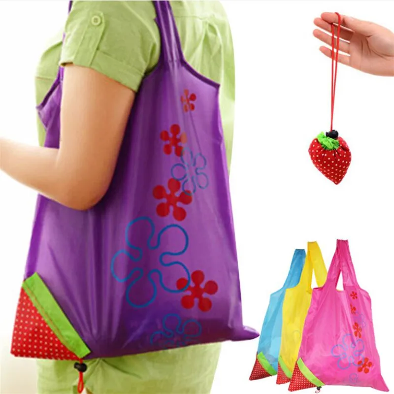 Printing Strawberry Foldable Reusable Shopping Bag Nylon Green Grocery Bag Tote Handbag Convenient Large Capacity Storage Bags