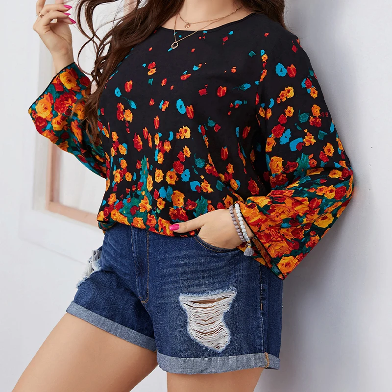 Della Mel Plus Size Women Clothing Blouses Fashion Casual Loose Long Sleeve Floral Print Chiffon Tops Elegant Big Size Blouse