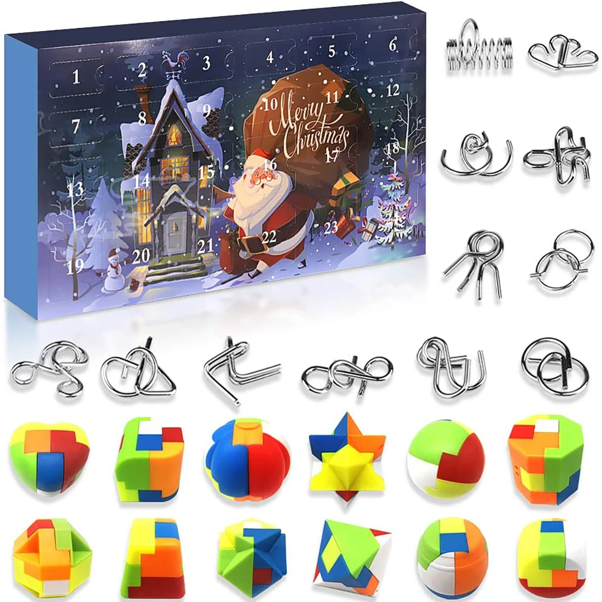 

Christmas Advent Calendar Metal Wire and Plastic Puzzles Christmas Countdown Calendar with 24pcs Brain Teaser Toy for Xmas Gift