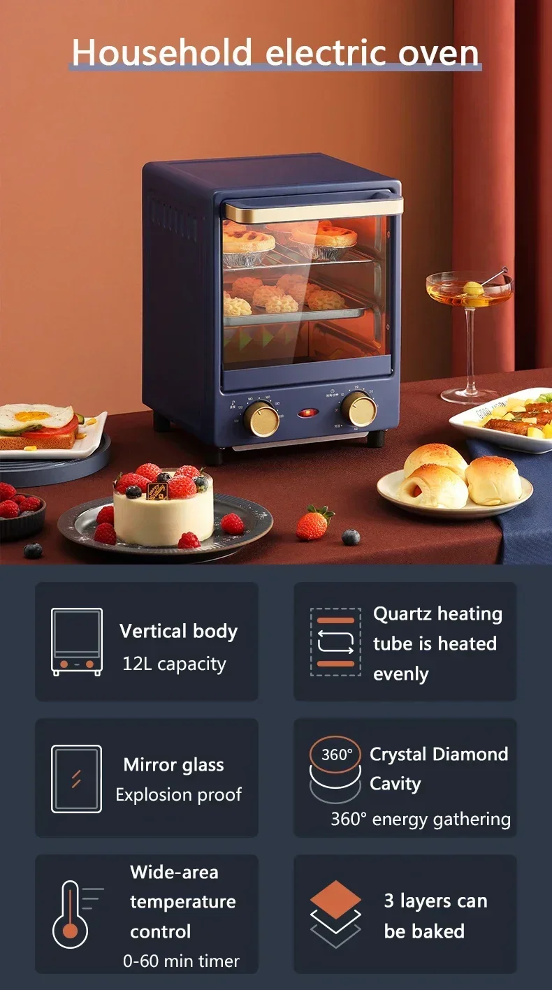 Description Picture 2 of item12L Household Electric Baking Oven Mini Vertical oven Intelligent Pizza Dessert Cake Maker 60min Timing Baking Tools 220V