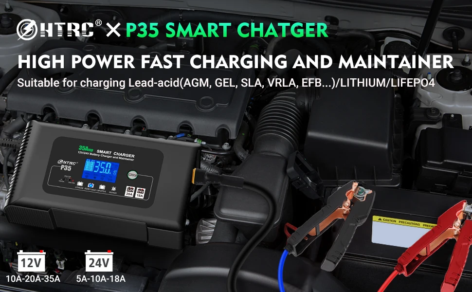 35A 12V-24V Battery Charger LCD Display for ATV Truck Lithium/LiFePO4/Lead-Acid/