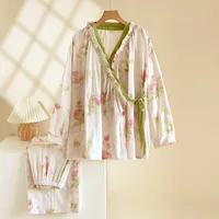 2026 New Spring and Autumn Women's Kimono Set 100% Cotton Gauze Chinese style Cardigan Long Sleeve Loose Simple Pajama Set - Image 5