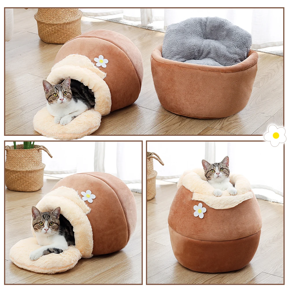 

3in1 Pet Bed for Cat Dog Soft Nest Kennel Cat Bed House Pot Shaped Cave Four Seasons Washable Luxury Cats Villa Pets Accessories