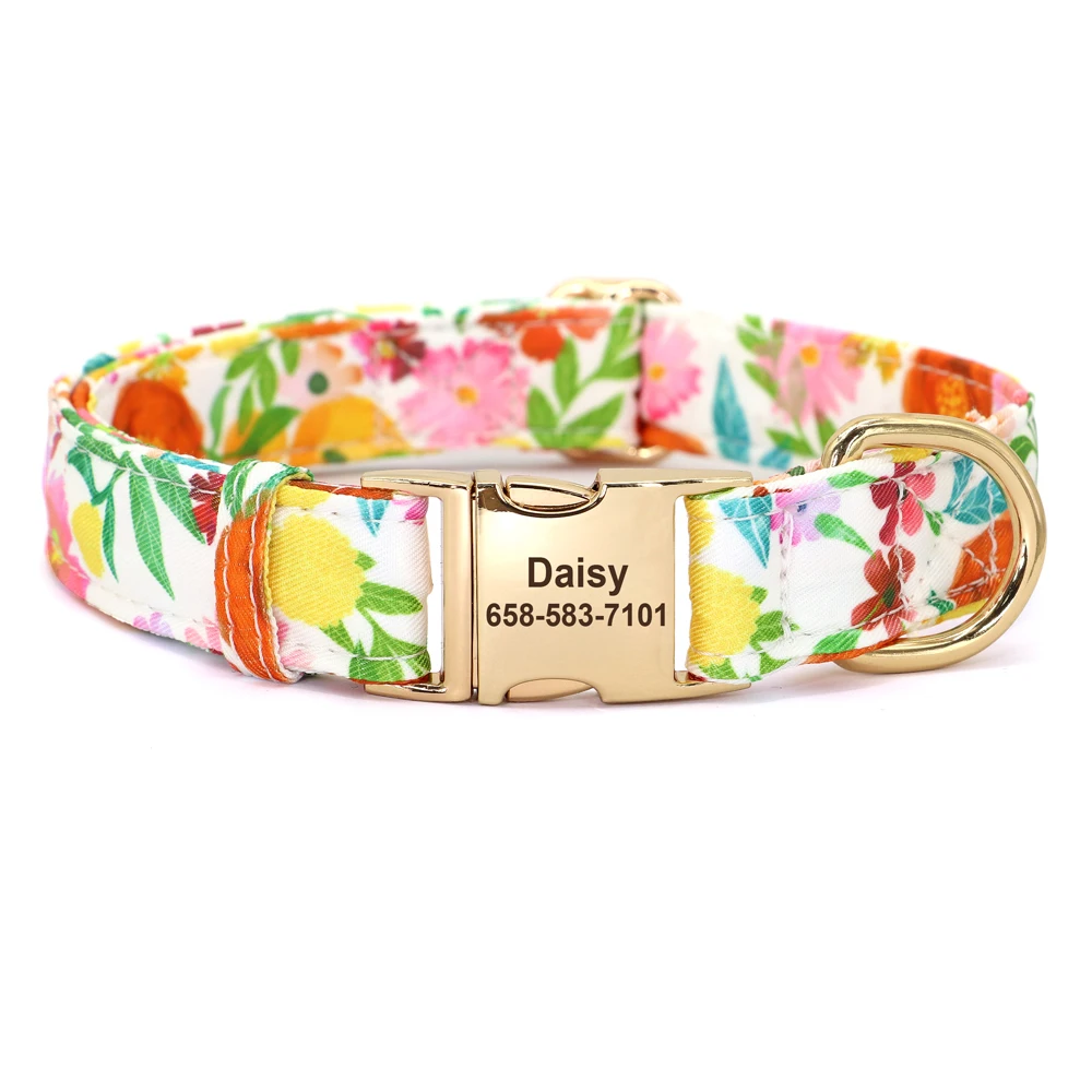 Personalized Floral Printed Dog Collar Custom Nylon Dog Collar Puppy Necklace Engraved Tag for Small Medium Large Dogs Chihuahua