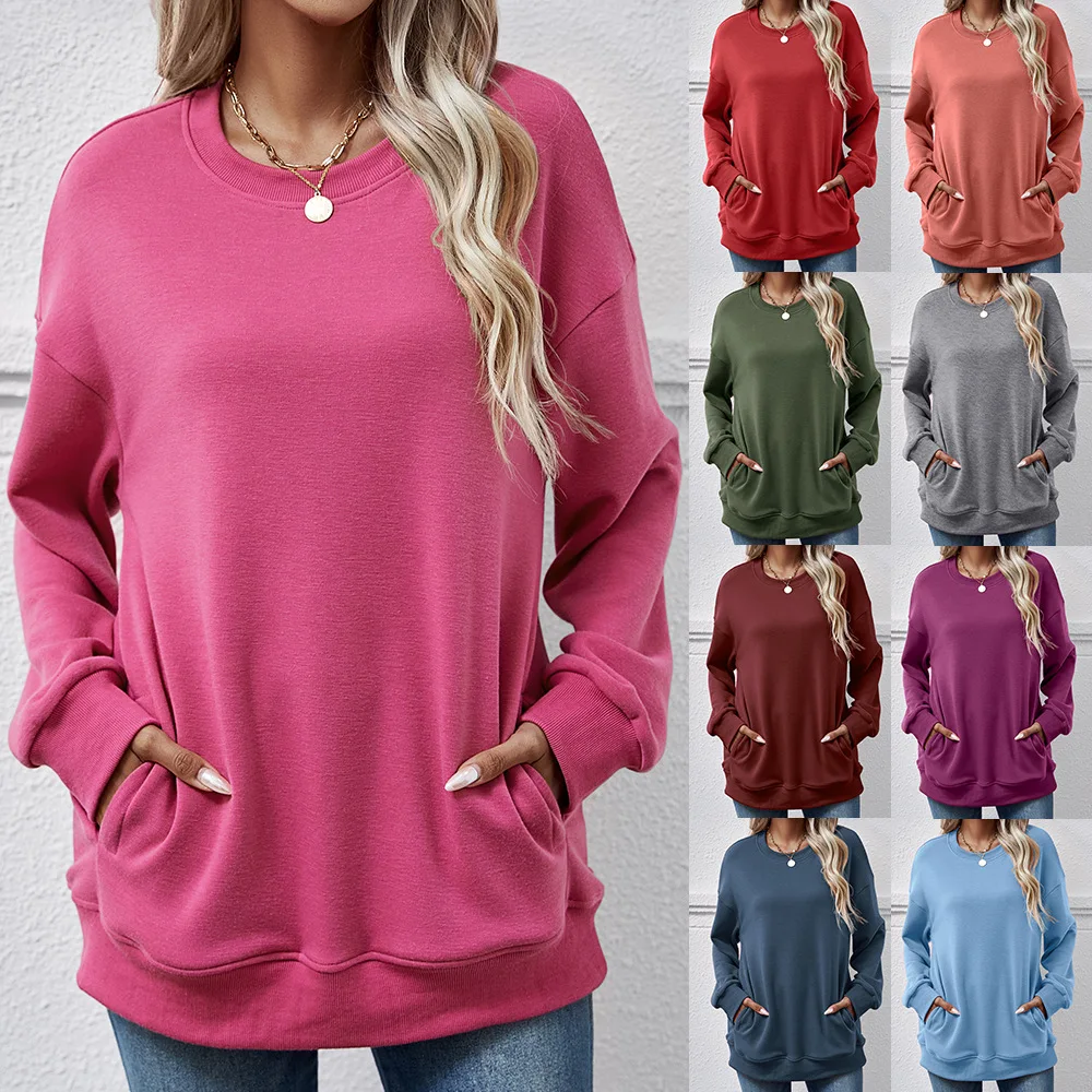 

Women's Loose Round Neck Pocket Top 2023 Autumn/Winter New European and American Women's Fashion Popular Plush Sweater