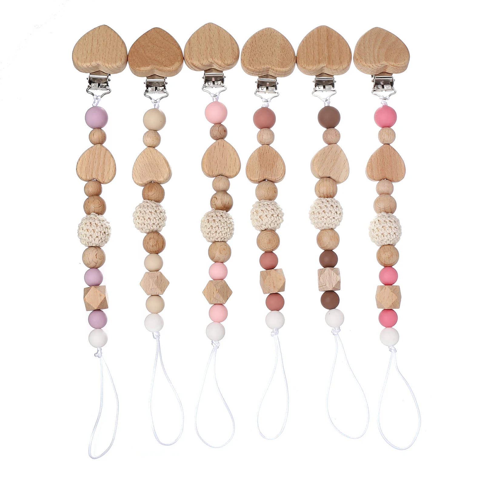 Handmade Heart Wooden Pacifier Clip Silicone Beads Natural Beech Wood Baby Shower Gift