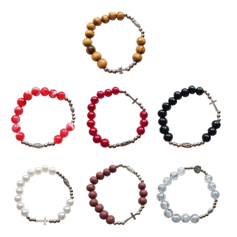 Vintage Rosary Bracelet Stretch Beaded Baptism Rosaries Bangle Prayer Meditation Bracelets for Men Women Jewelry