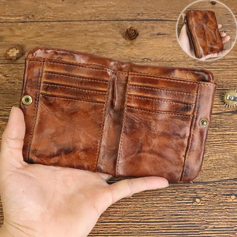 Vintage vegetable tanned cowhide wallet women's old small coin purse  natural real leather zipper men's card holder key case men - AliExpress