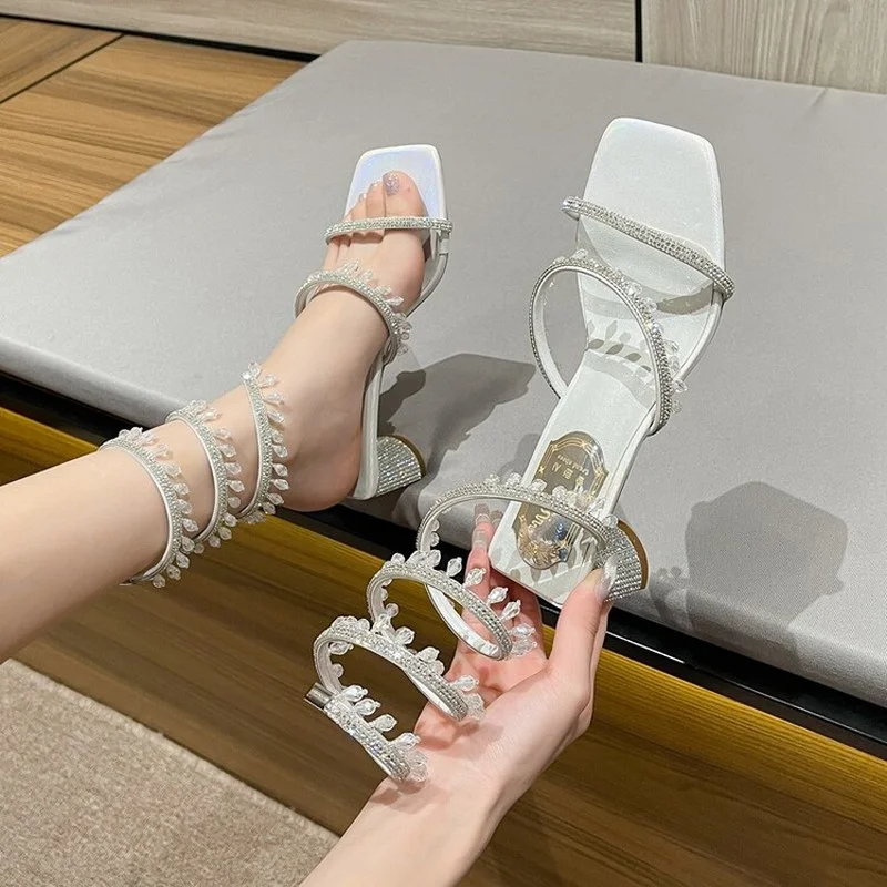 

Rhinestone Square Head crystal beads wrapped 5cm thick heel lace butterfly sandals printed 6-8cm thin high-heeled single shoes