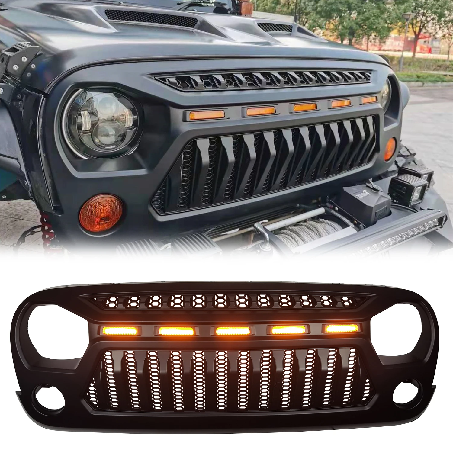 

Black Front Grille ABS JK Grilles 1Piece For Jeep JK Wrangler 2007-2017 J395