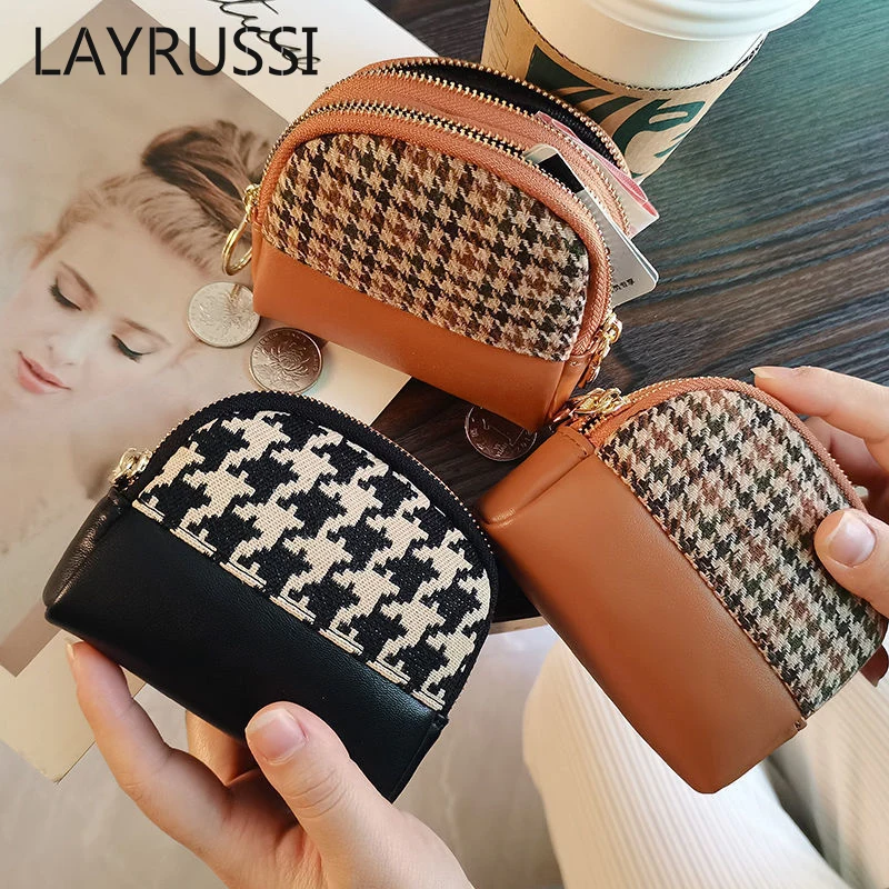 LAYRUSSI New Fabric Coin Purse Women Double Zipper Small Wallet Key Pouch Travel Card Holder Fashion Female Vintage Coin Bags