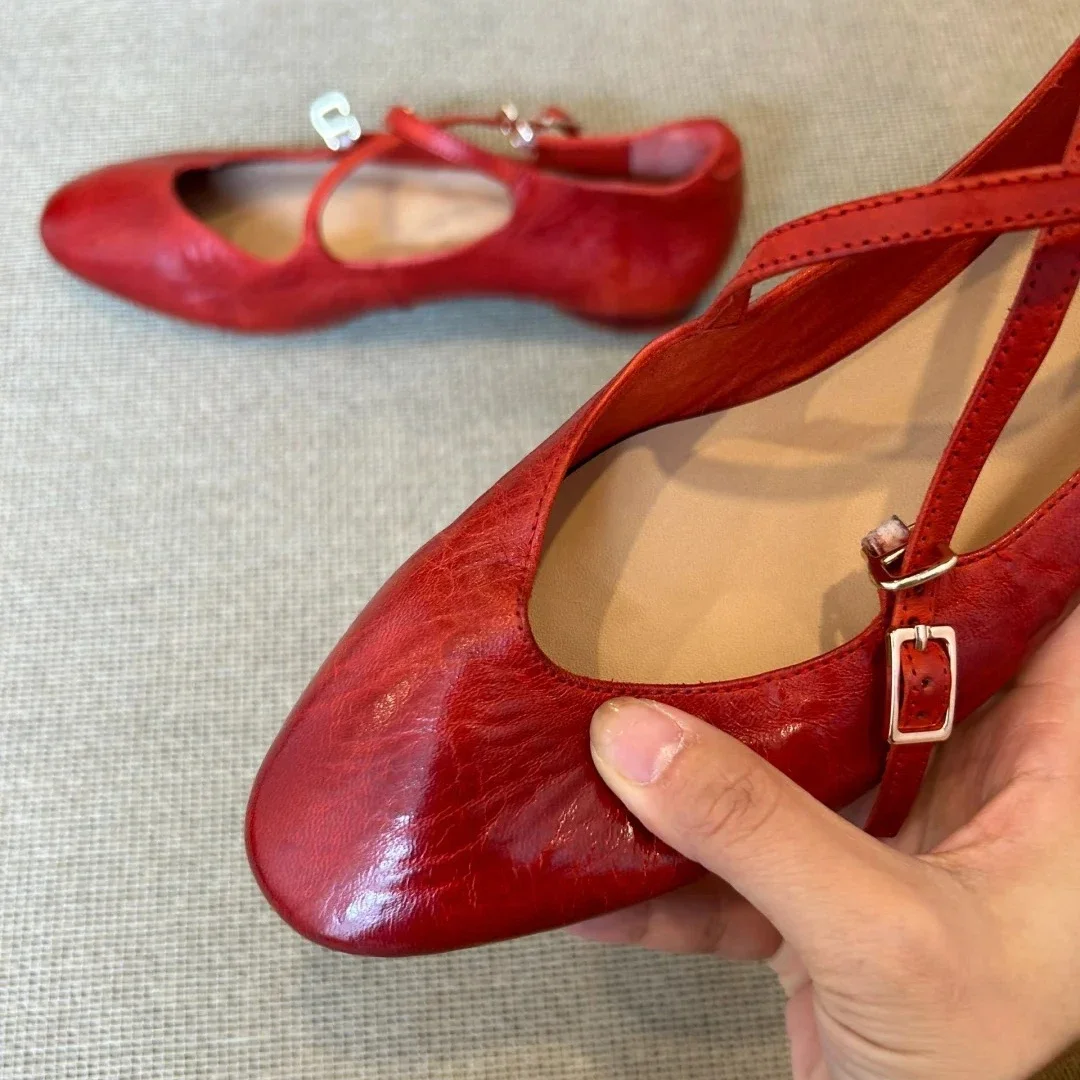 Brand Round Toe Flat Ballet Shoes Women Retro Soft Sole Mary Jane Shoes Cross-tied Comfy Low Heel Dress Shoe Casual Mules Shoes 6