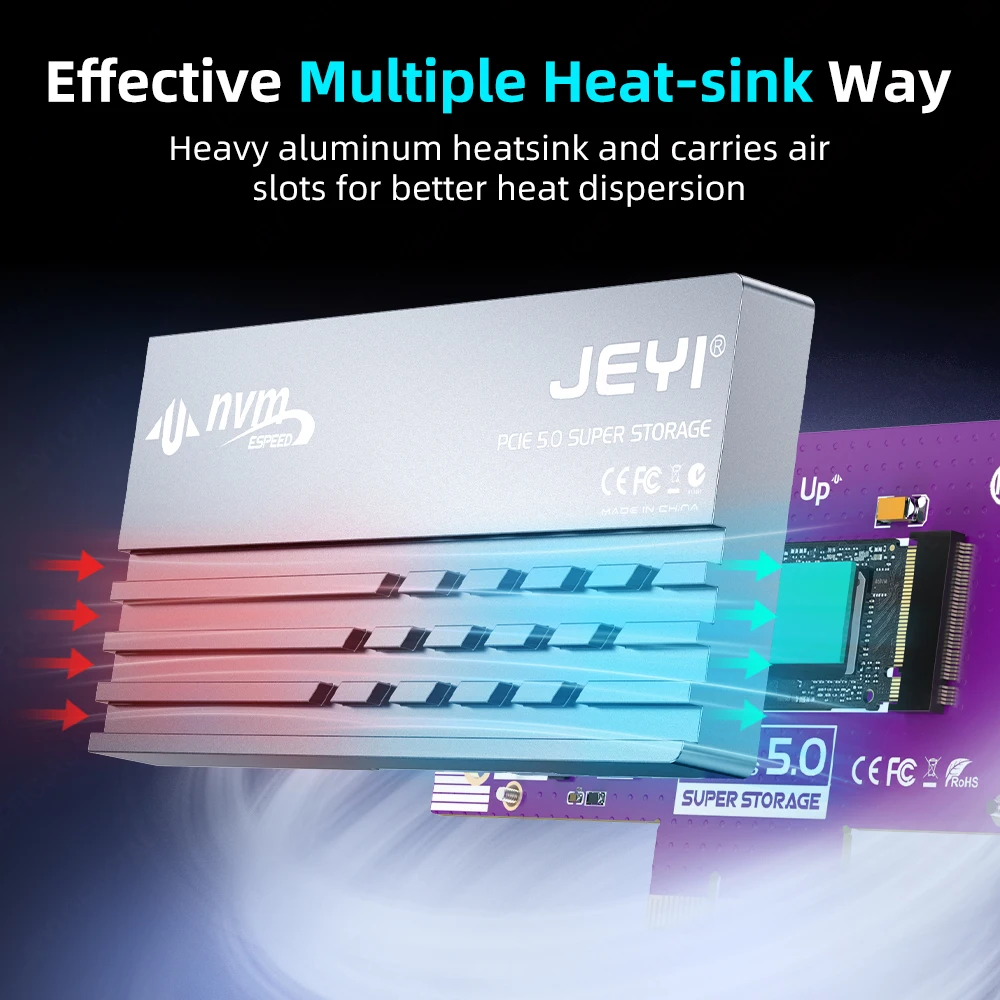 PCIe 5.0 to M.2 NVMe Adapter Card High-Speed PCIe X4/X8/X16 to M2 SSD Converter with Cooling Heatsink for Gen5 SSD 128Gbps