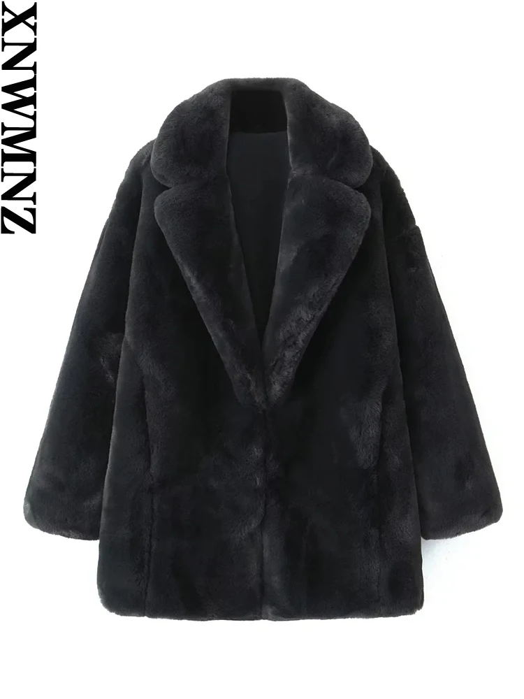 

XNWMNZ 2024 Women's Fashion Faux Fur Coat Women's High Street Lapel Long Sleeve Versatile Female Warm Overcoat