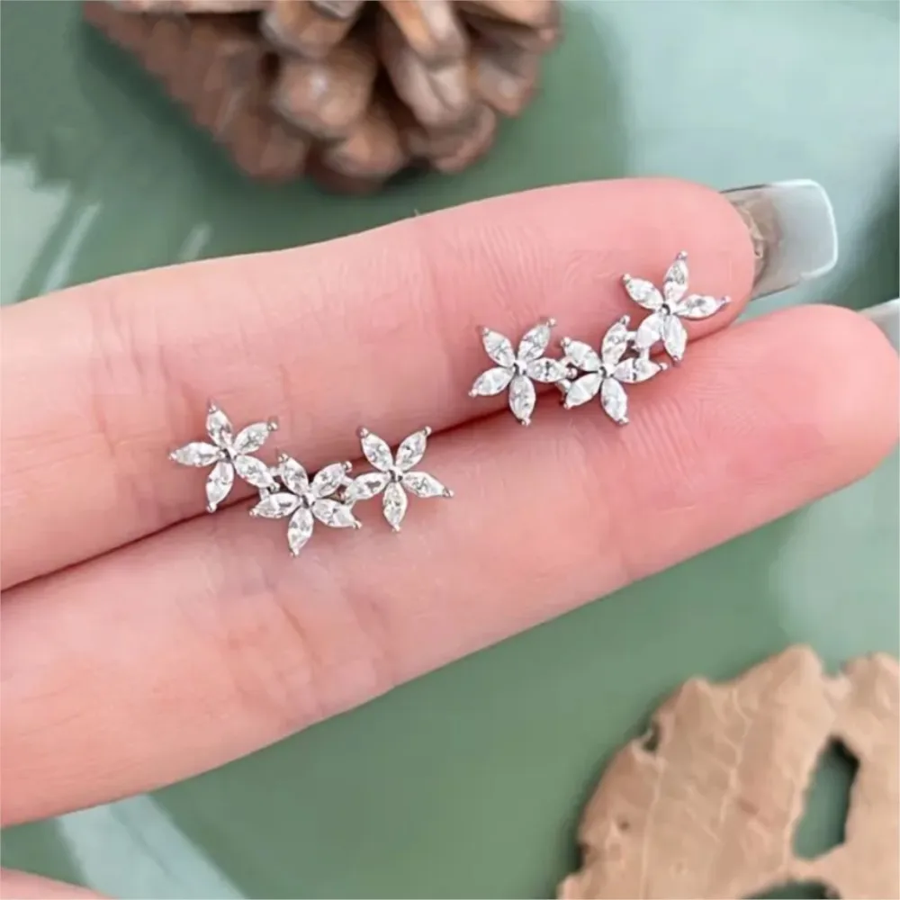 Silver Color Classic Zircon Flower Stud Earrings for Women Elegant Sweet Earrings Party Jewelry Gifts