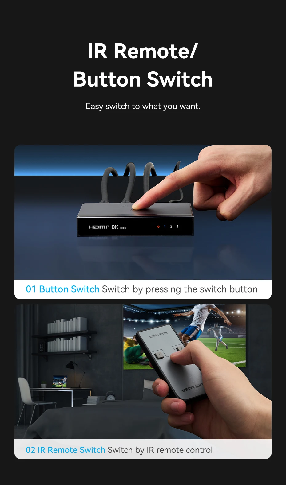 HDMI 2.1 Splitter Switch 8K 60Hz 4K120Hz 3 in 1 out for TV Xiaomi Xbox PS5 Set T