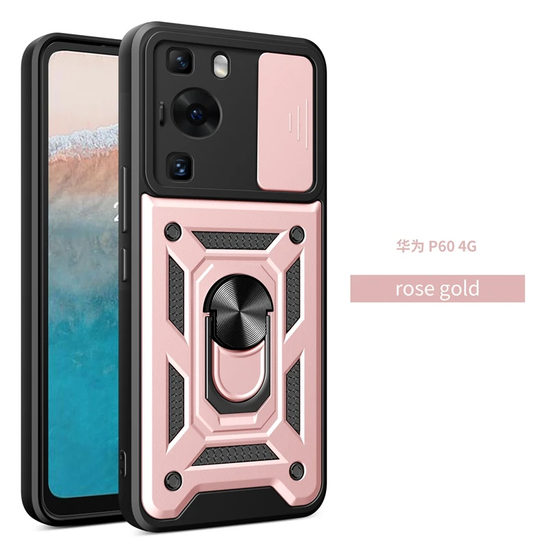 Armor Shockproof Magnetic Ring Stand Holder Case with Slide Camera Lens Cover