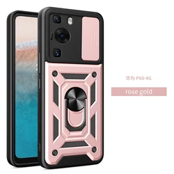 Armor Shockproof Magnetic Ring Stand Holder Case with Slide Camera Lens Cover for Huawei P60 Pro (Rose Gold)