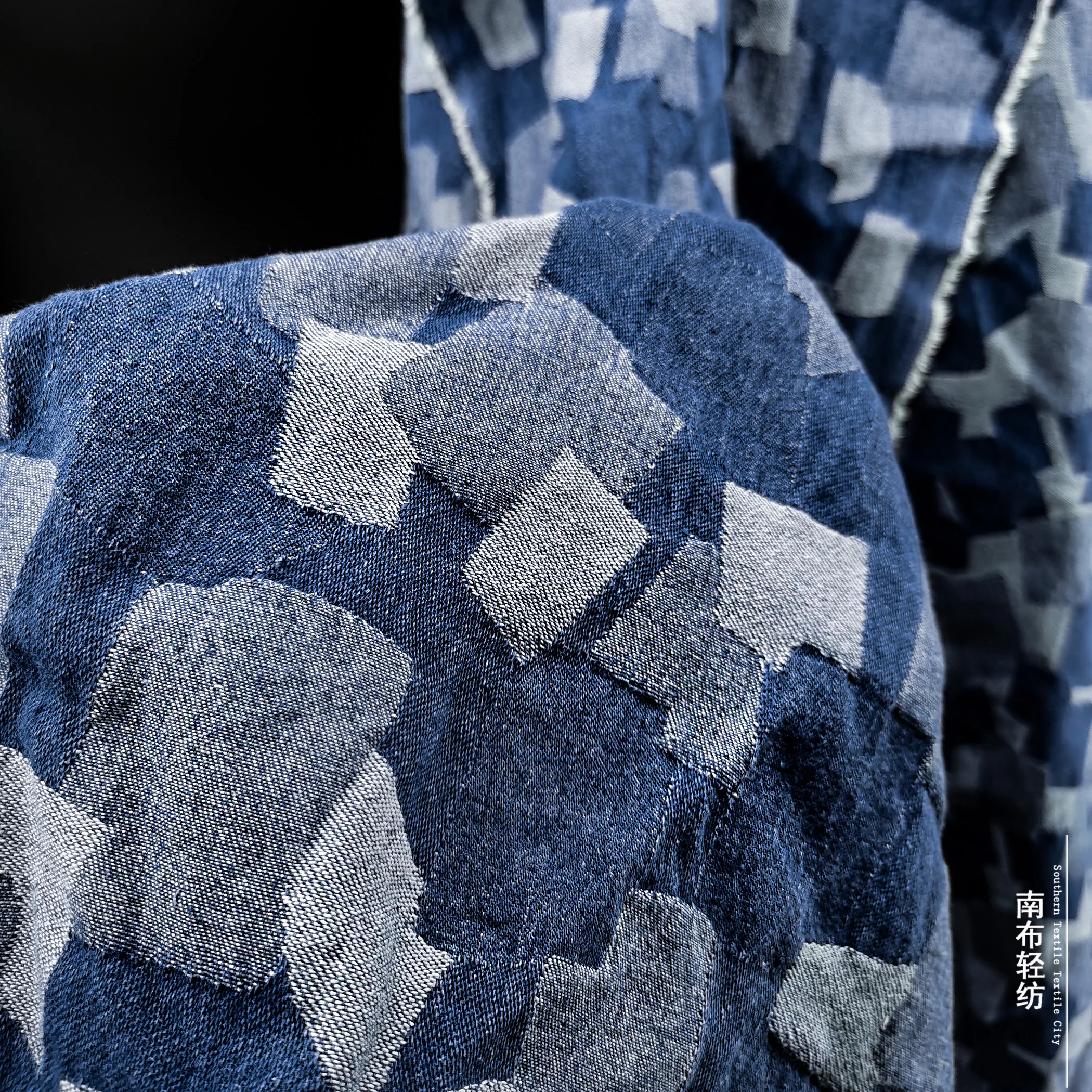 Dark Blue Patch Plaid Denim Double-Sided Irregular Handmade Diy Coat Skirt Designer Fabric