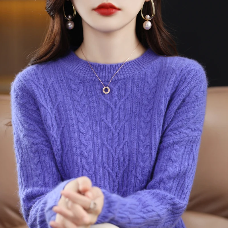 

100 pure wool high-end autumn and winter new cable round neck sweater women's color matching pullover loose diamond twisted