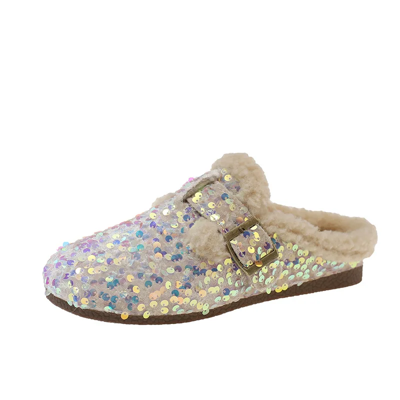 Sequined Round Toe Flat Casual Slippers 2025 Women Glitter Fashion Lamb Wool Splicing Shoes Sandals Home Outdoor