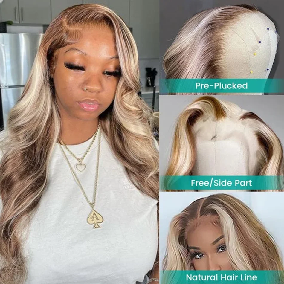 4/613 Highlight Wig Human Hair Body Wave 613 Blonde Brown Colored 13x4 HD Lace Frontal Wig Glueless Wigs Raw Human Hair Woman 4