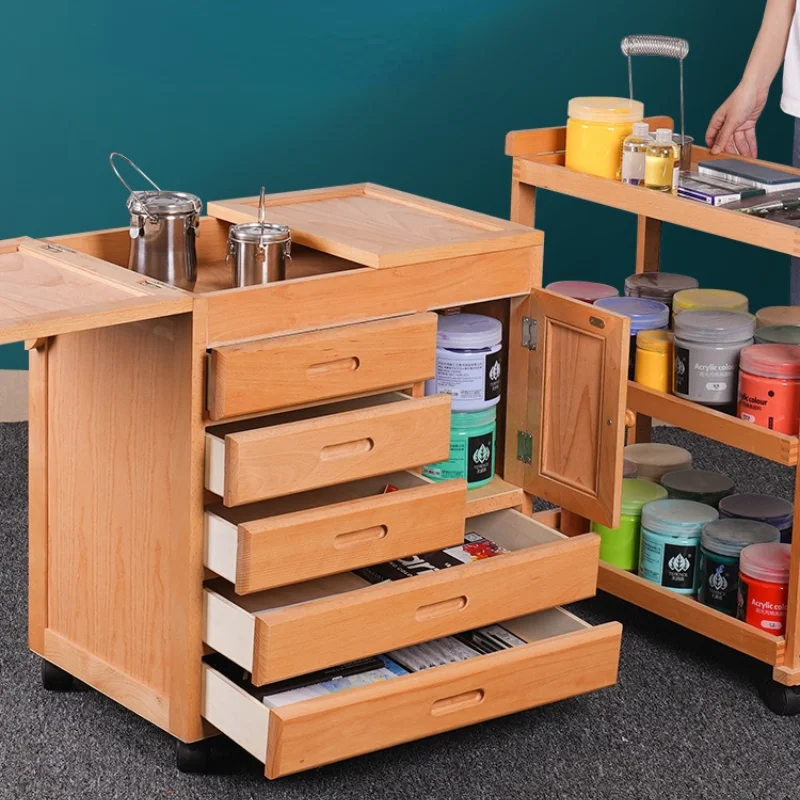

Painting material hand push sketching multifunctional painting car movable storage art toolbox solid wood painting cabinet