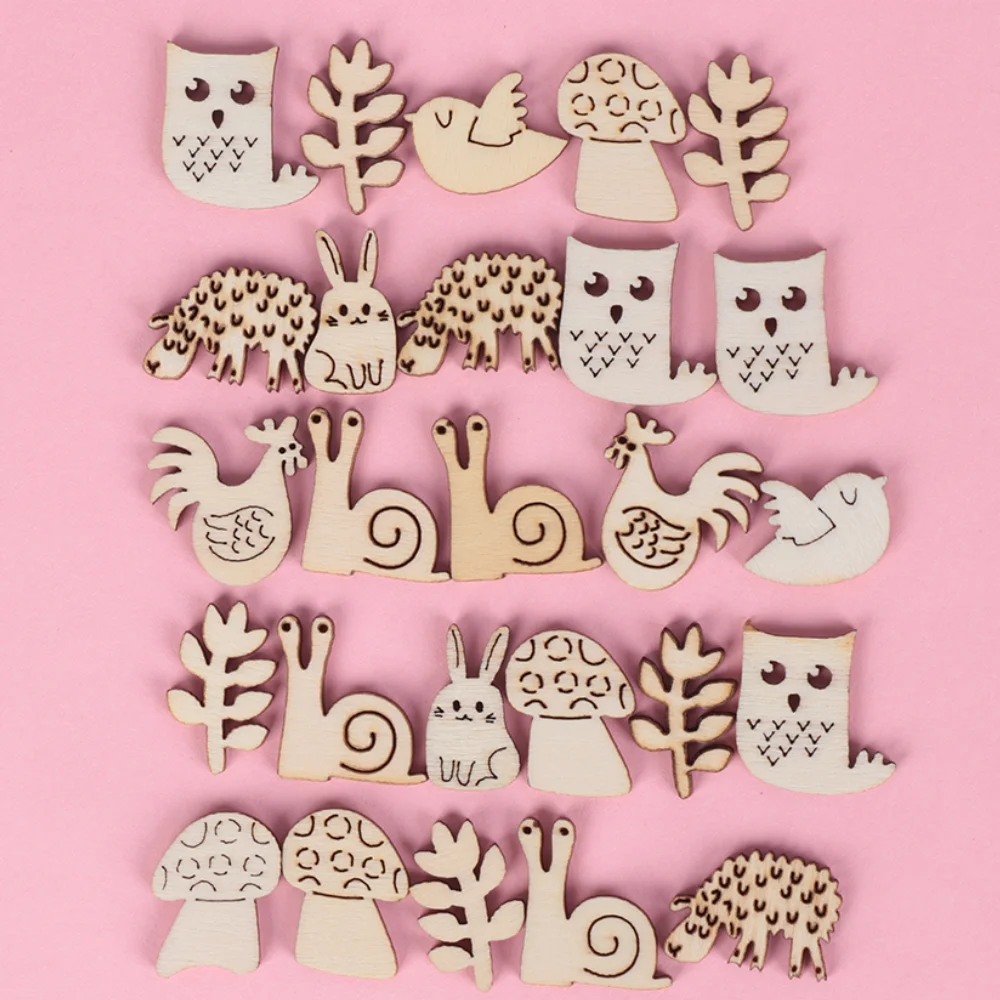 50Pcs/Pack Animal Snail Rabbit Wooden Craft Handmade Embellishment Scrapbook Laser Cut Ornaments