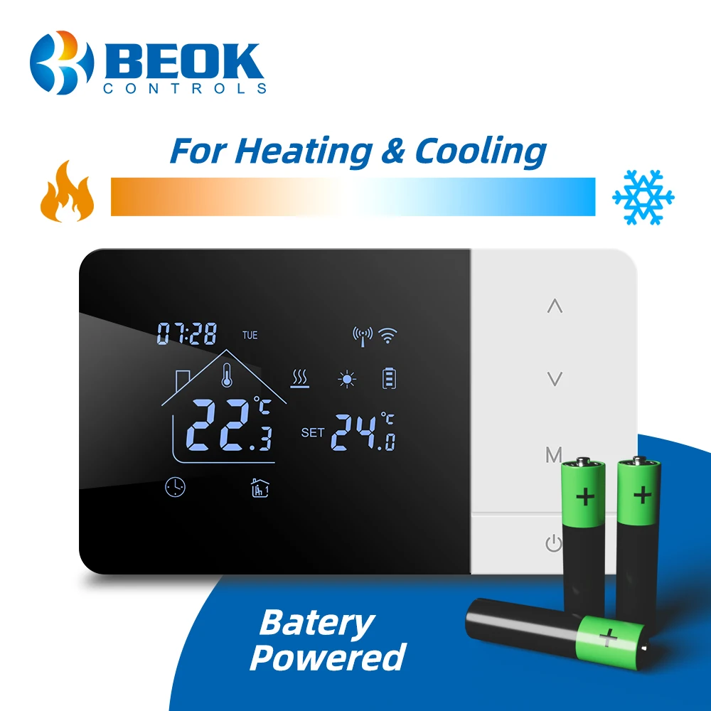 Beok Tuya เครื่องทําความร้อน/Cooling Thermostat สําหรับหม้อต้มแก๊ส Smart Home แบตเตอรี่ Thermoregulator การเขียนโปรแกรมรายวันทํางานร่วมกับ Alexa 1