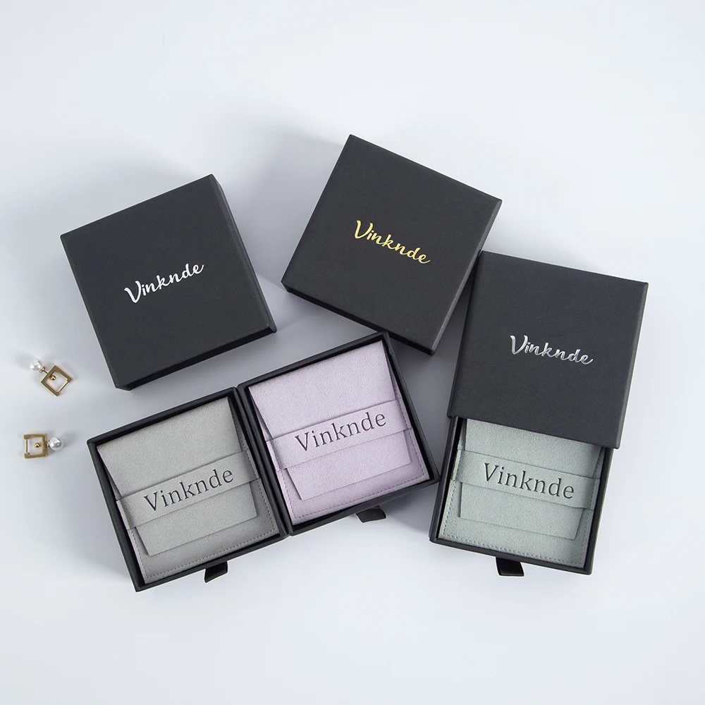 Luxury Custom Logo Black Paper Jewelry Packaging Box for Earrings Rings Bracelet Pendant Gift with Suede Microfiber Jewelry Bags