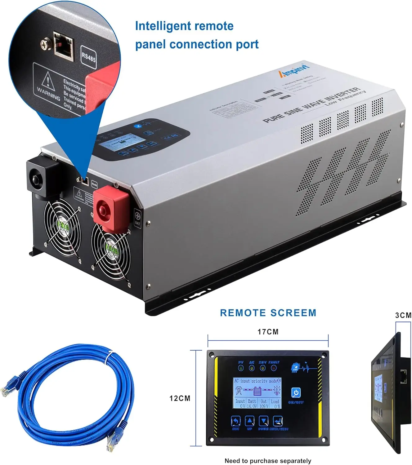 Pure Sine Wave Power Inverter 24V DC to AC 120V 240V Split Phase with Battery AC Charger