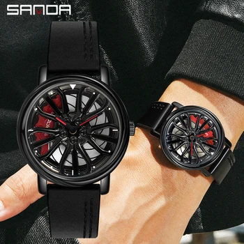 SANDA New Fashion Hot Sell Men's Watch 360 Degree Rotating Wheel Rim Dial Leather Strap Waterproof Sport Quartz Watch Cool Clock