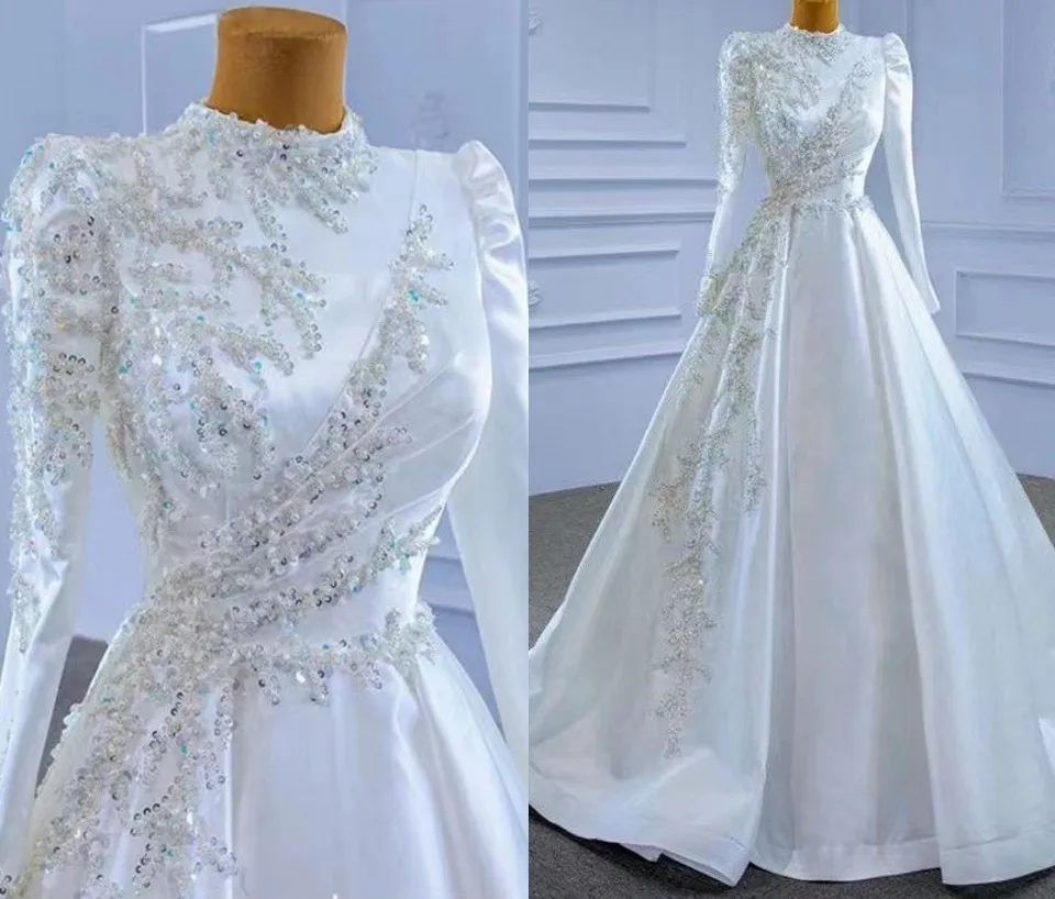 

New Design Wedding Dress High Neck Beads Sequined Long Sleeves A-line Bridal Gowns Arabic Dubai Customed Vestidos De Noiva