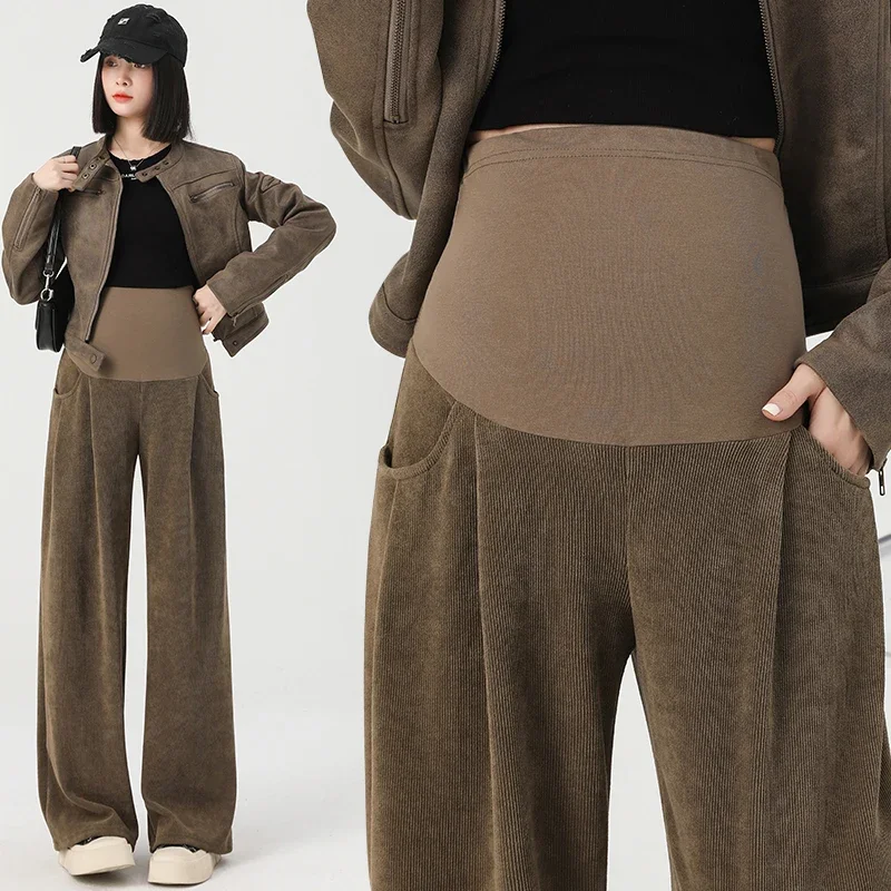 Autumn Winter Corduroy Pants for Maternity Wide Leg Loose Straight Elastic Waist Belly Trousers for Pregnant Women Pregnancy Y2k women pants maternity pants