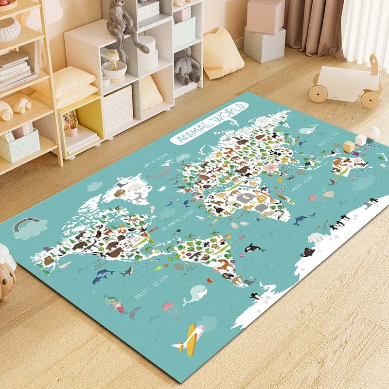 Alfombra con estampado de mapa del mundo de dibujos animados para el hogar, sala de estar, dormitorio, sofá, felpudo, decoración, Alfombra de área de juegos para niños, Alfombra de piso antideslizante, regalo