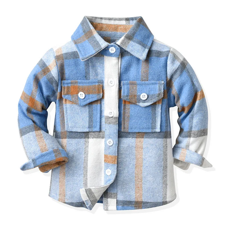 

Autumn Cotton Boy's Jacket Korean Children's Grid Lapel Long Sleeved Shirt Coats Spring Thicken Clothing Kids Clothes