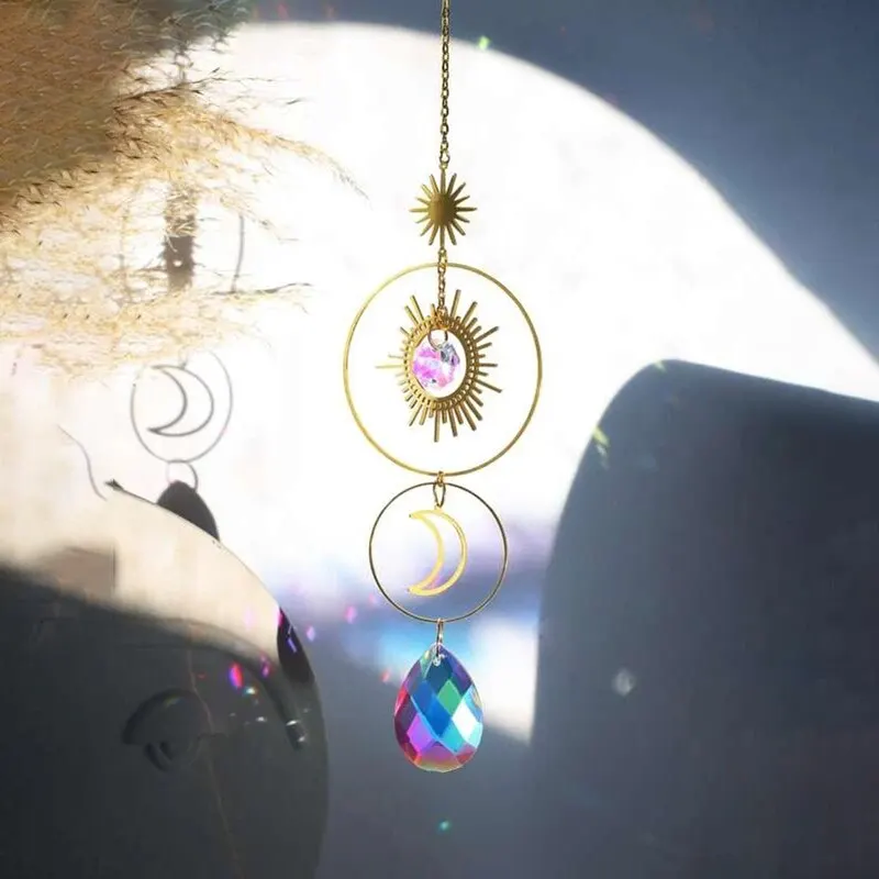 Crystal Wind Chimes with Star and Moon Sun Prism Ball Garden Decoration Piece