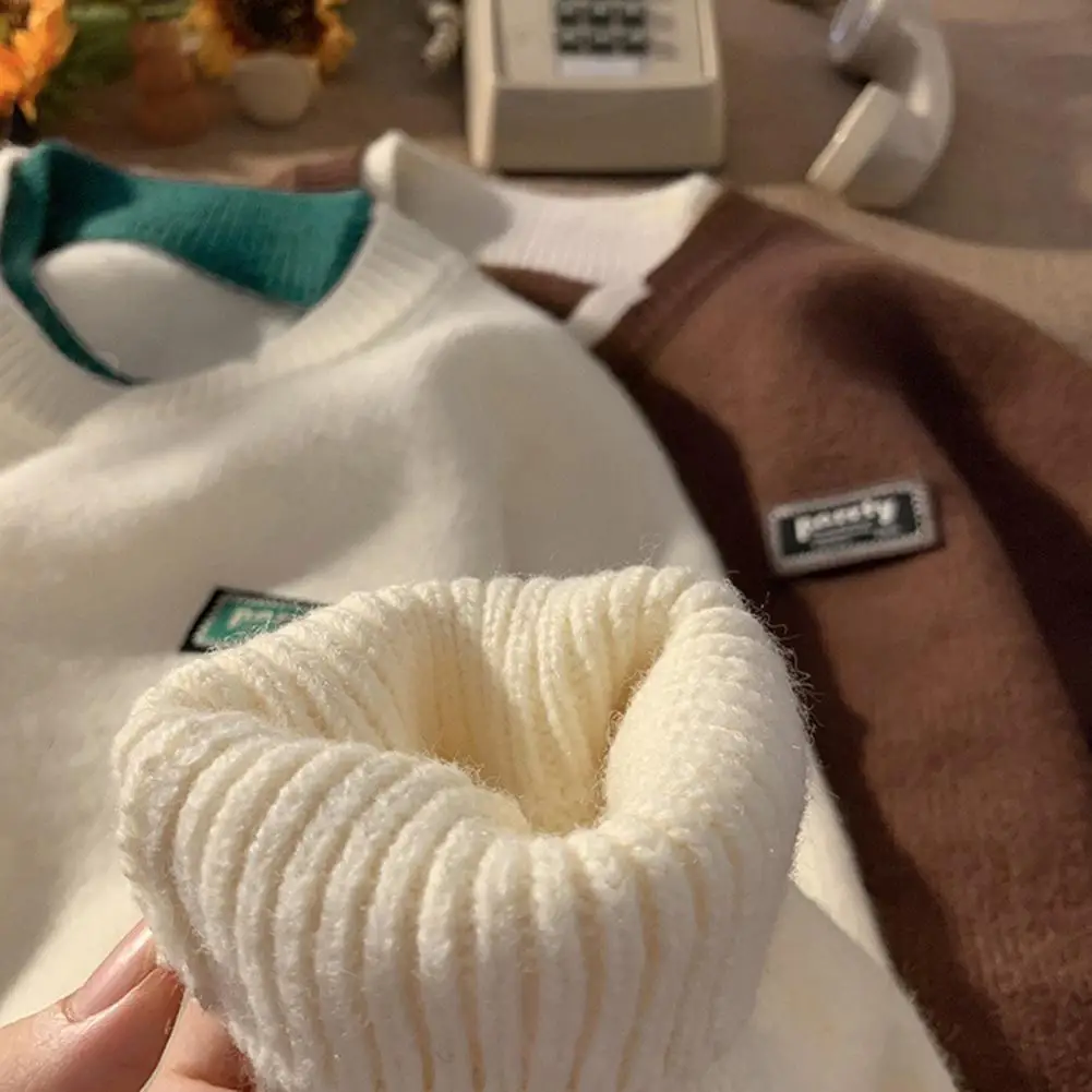 Description Picture 4 of itemLong Sleeve Men Sweater Men's Loose Fit O-neck Sweater with Fake Two Pieces Design Thickened Warm Pullover Color Matching