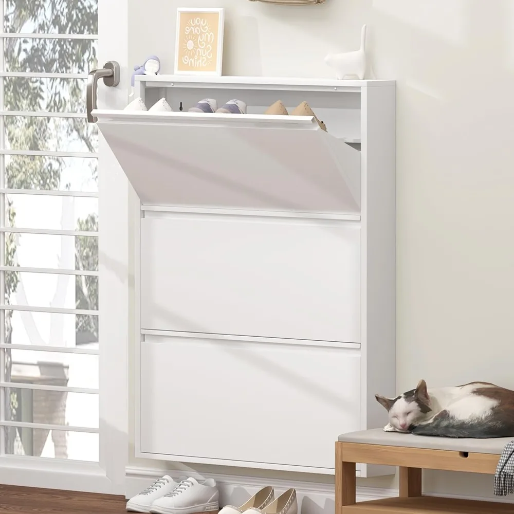 Shoe Cabinet with 3 Flip Drawers, Metal Entrance Shoe Cabinet Storage for Entryway, Modern Hidden Narrow Shoe Rack Organizer