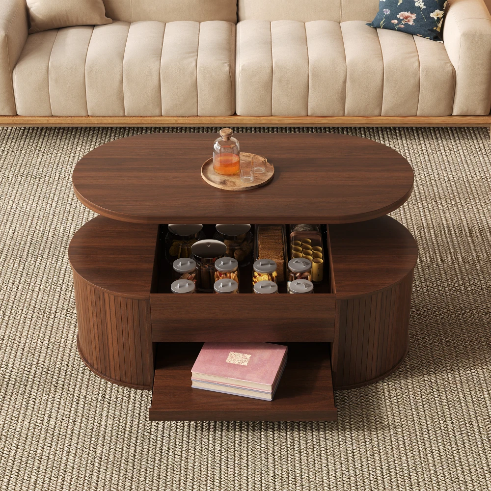 PINGGO Hebbarer Couchtisch mit gebogenen Holzseiten, ausziehbarer Ablage, anhebbarer Tischplatte, multifunktionale Wohnzimmermöbel – Detail 10