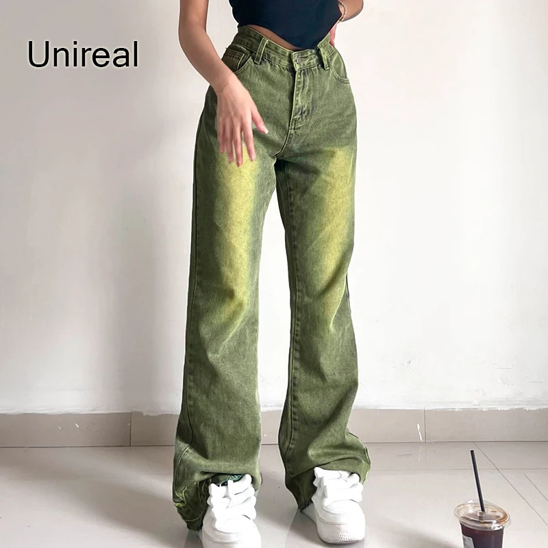 

Unireal 2022 Summer Autumn Women Denim Straight Pant High Waist Vintage Embroidery Long Jeans Pant Trousers