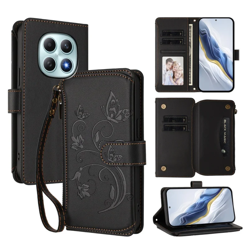 Luxury Leather Phone Wallet Case with Wrist Strap and Card Holder
