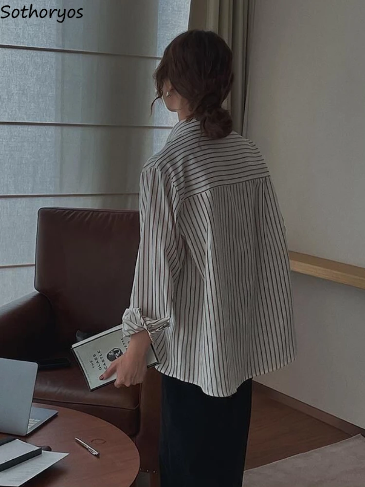 

Striped Shirts Women Casual Vintage Spring College Loose Trendy Clothes Simple Turn-down Collar Classic All-match Korean Style