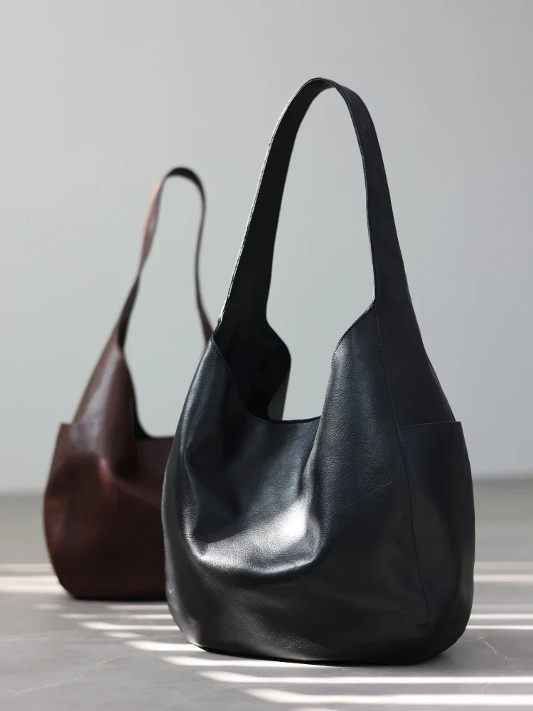 

First Layer Cowhide Pumpkin Bag Retro Casual Underarm Bag Women's Commuter Large Capacity Shoulder